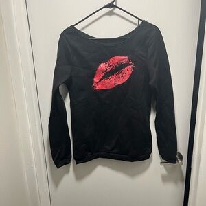 Black Sweatshirt with Red Lip Print